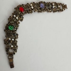Vintage Bracelet Victorian Revival Golden Gilt Metal Multicoloured Cabochon